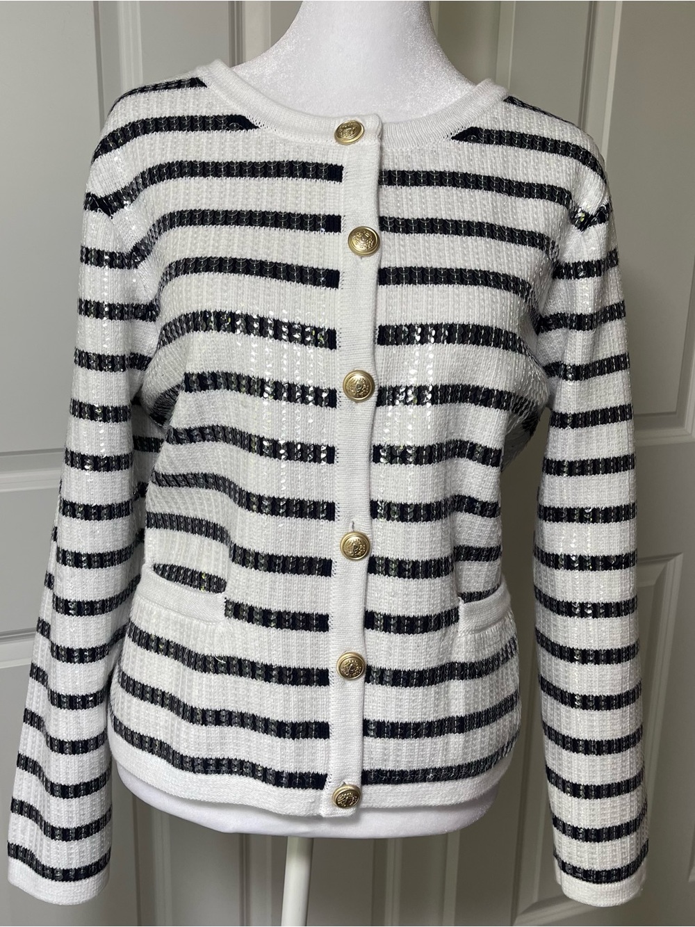 NWOT Boston Proper Navy & White Sequins Stripe Button Front Cardigan XL - Picture 3 of 16